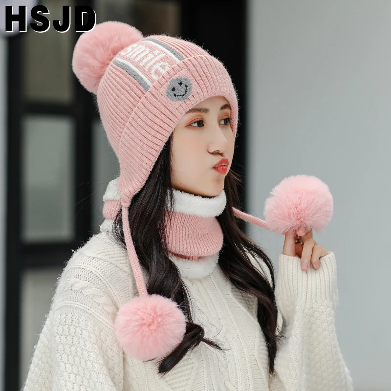 

Cute Smile Knitted Hat Scarf 2 Pcs Set Winter Women's Hats Three Pompom Ear Warm Skullies Beanies Caps Ladies Girls Winter Hats