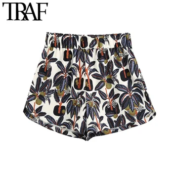 

TRAF Women Chic Fashion Printed Shorts Vintage High Elastic Waist Cozy Female Short Pants Pantalones Cortos