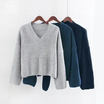 

Vintage sweater women long sleeve solid V neck women's sweater casual simple knitted pullovers chic female jumpers women tops