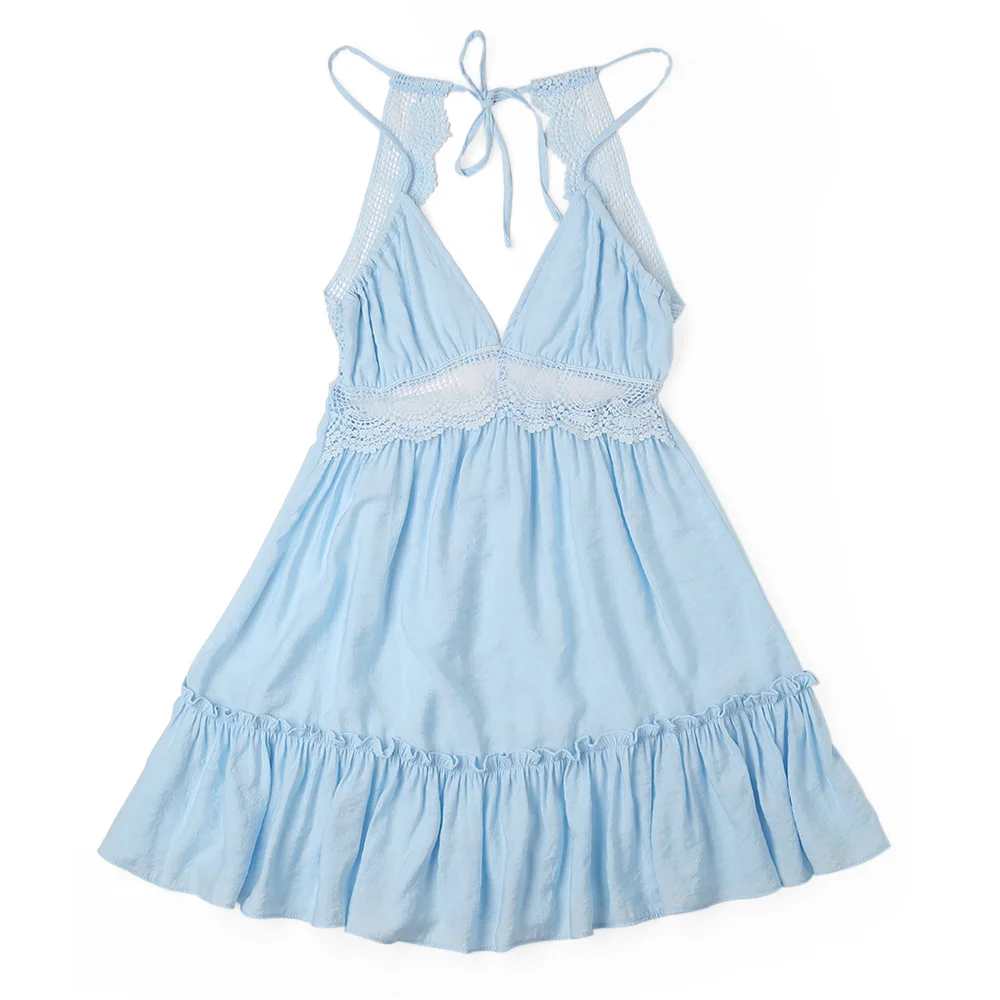 Baby Blue Женский летний сарафан, сексуальное пляжное платье с открытой спиной и v-образным вырезом,, без рукавов, на тонких бретельках, белое мини-платье в стиле бохо - Цвет: Baby Blue