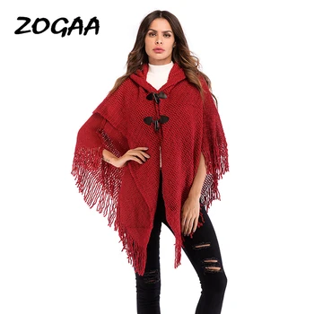 

ZOGAA 2019 Red Knitted Cloak Sweater Women Casual Loose Tassels Shawl Autumn Winter Streetwear Poncho Women Hooded Pullovers