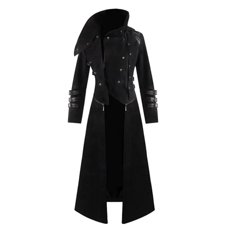 

2019 Autumn Gothic Steampunk Hooded Trench Men's Retro Costume Tailcoat Sleeve Jacket Party Cos Male X-long Coats Tops Chaqueta