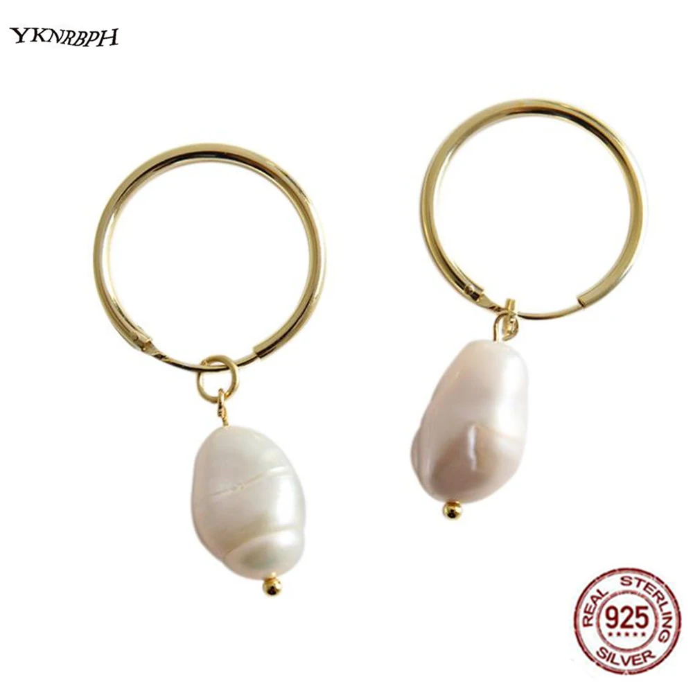 

YKNRPBH Female S925 Sterling Silver Simple Geometry Baroque Freshwater Pearl Hoop Earrings Fine Jewelry J