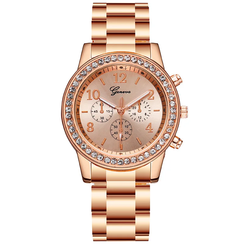 

Hot Selling Geneva Diamond Set Three-Eyed Steel Watch Women's Europe And America Steel Belt Women's Decoration Watch Wholesale