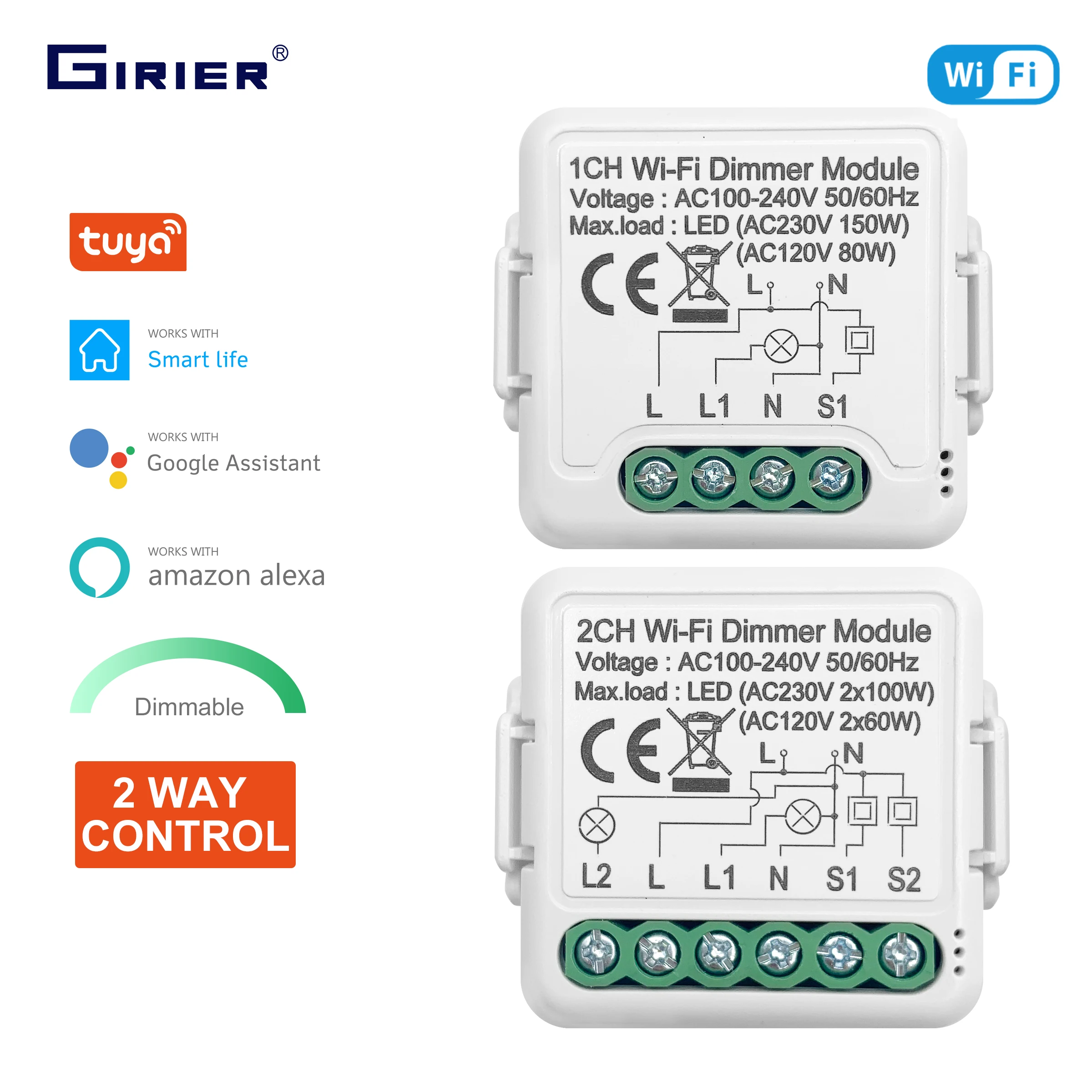 GIRIER Tuya Wifi สมาร์ทสวิตช์ Dimmer โมดูล 10A สนับสนุน 2 ทิศทางหรี่แสงได้สวิทช์ไฟ 1 2 Gang ทํางานร่วมกับ Alexa Google Home 1