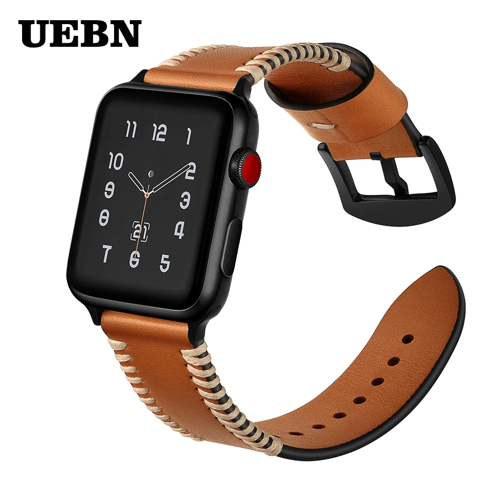 Ремешок UEBN кожаный для Apple Watch series 5 44 мм 40 сменный Браслет iWatch 4 3 42 38 | Наручные часы
