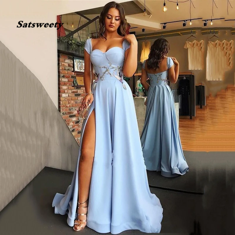 

Sky Blue Formal Prom Party Dresses 2020 Sexy Side Split Appliques Evening Gowns Cap Sleeve Sweetheart Prom Dresses