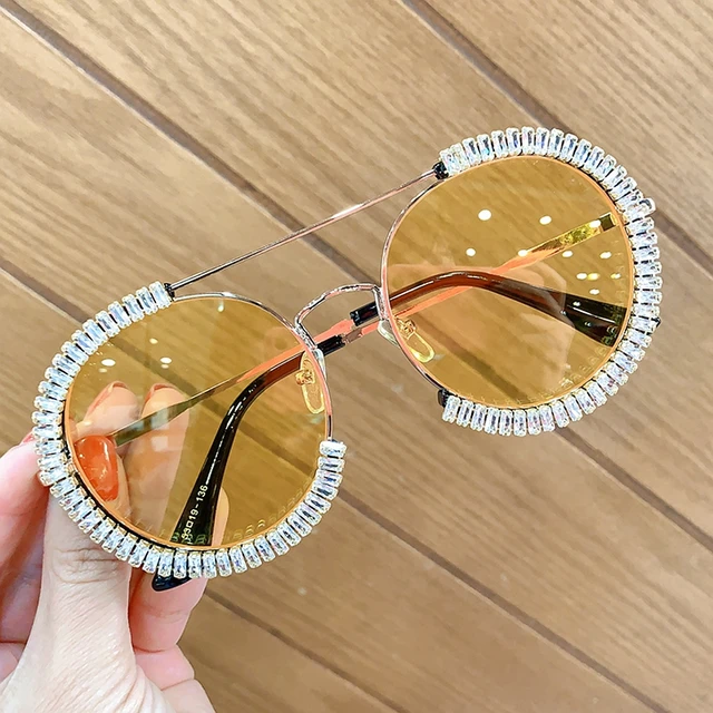 Zircon oversized sunglasses 2020 luxury Round sun glasses women Clear lens Eyeglasses Shades For Women  oculos feminino Yellow