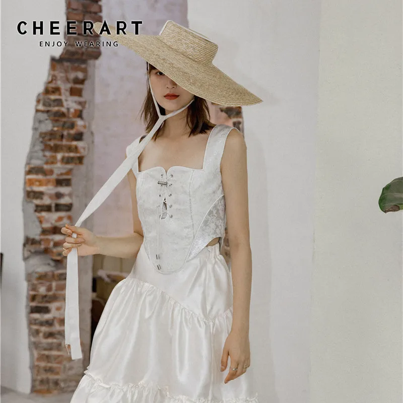 Винтажный белый укороченный топ CHEERART Court Женский корсет бюстье жаккардовый с