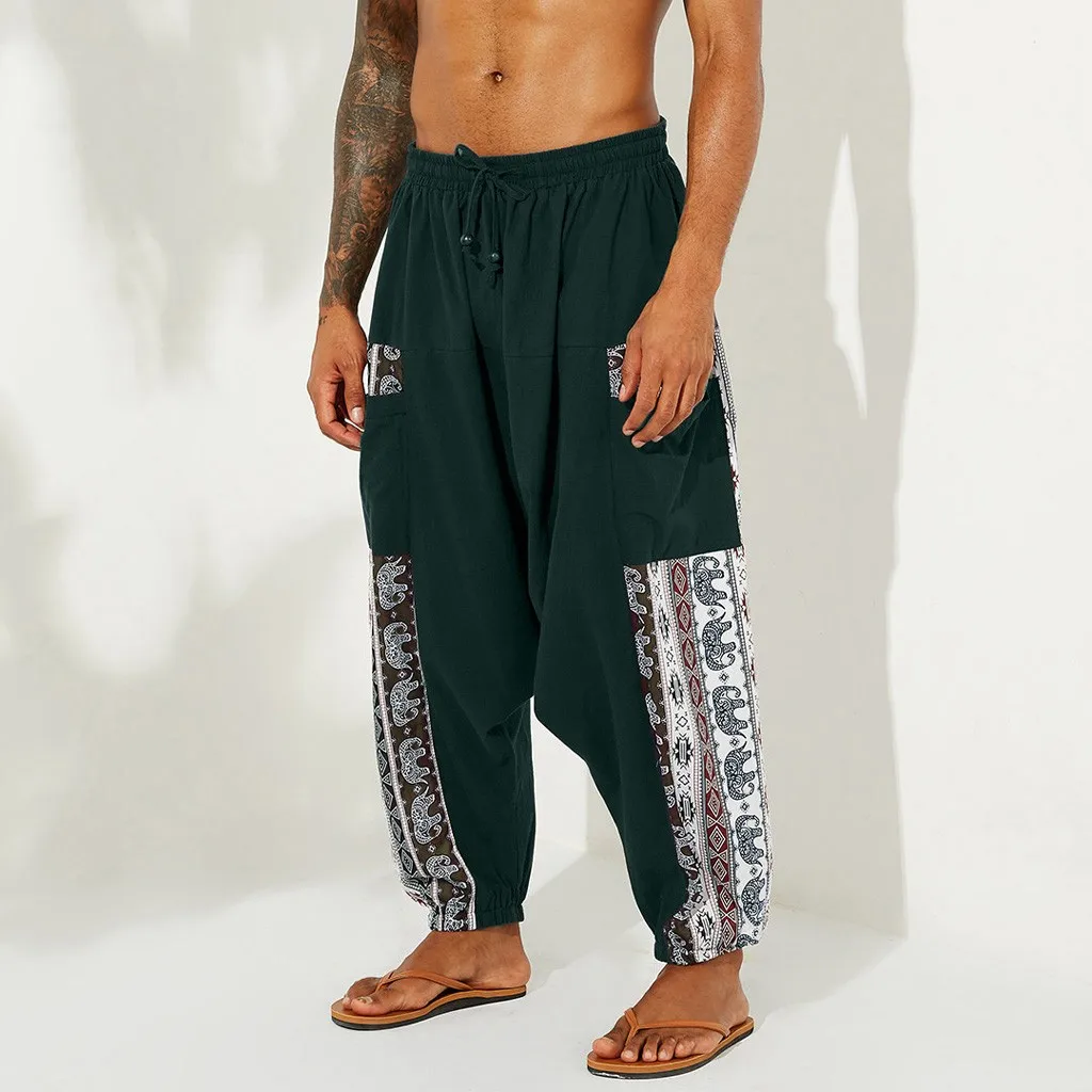 SAGACE Men's casual ethnic style retro printed cotton and linen loose bloomers loose breathable waist elastic band trousers hot