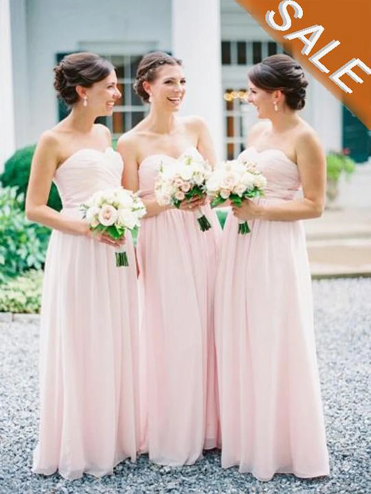 

On Sale 2020 Latest Pink Sweetheart Maid of Honor Dress Long Sleeveless Pleated Wedding Party Gowns Chiffon