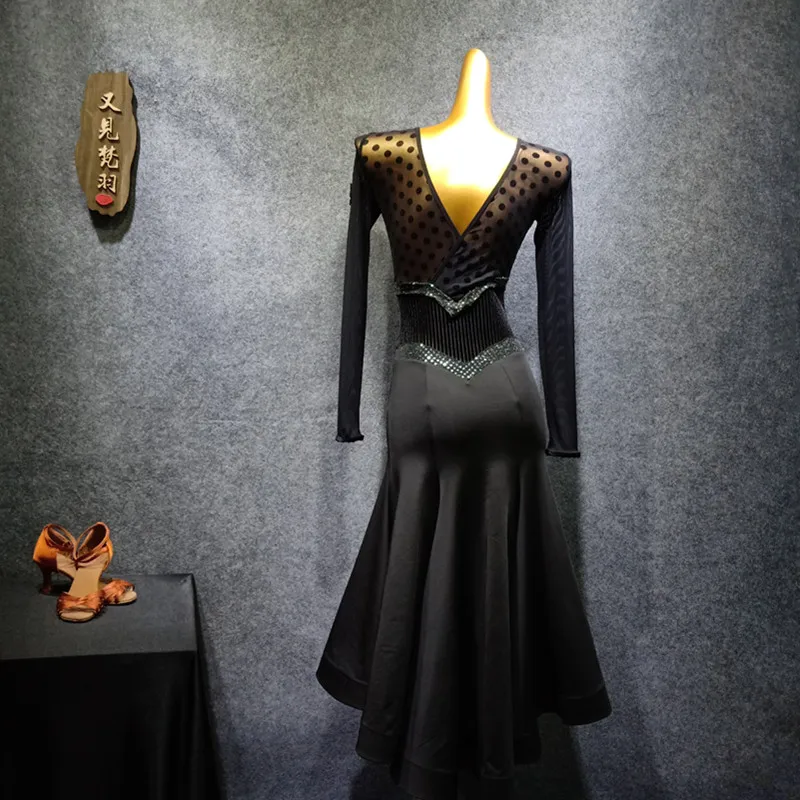Black ballroom dance competition dress for dancing ballroom dress standard dance dress waltz dress fringe dance wear dot dress - Цвет: Black