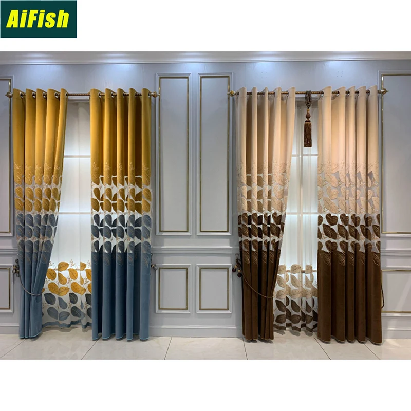 

Nordic Luxury Golden Leaf Semi-Blackout Curtain For Living Room Villa Bedroom Hollow-Out Velvet Embroidered Window Drapes TM116