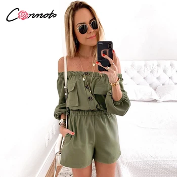 

Conmoto army green off shoulder summer 2020 rompers women button pockets rompers sexy ruffles elastic waist overalls rompers