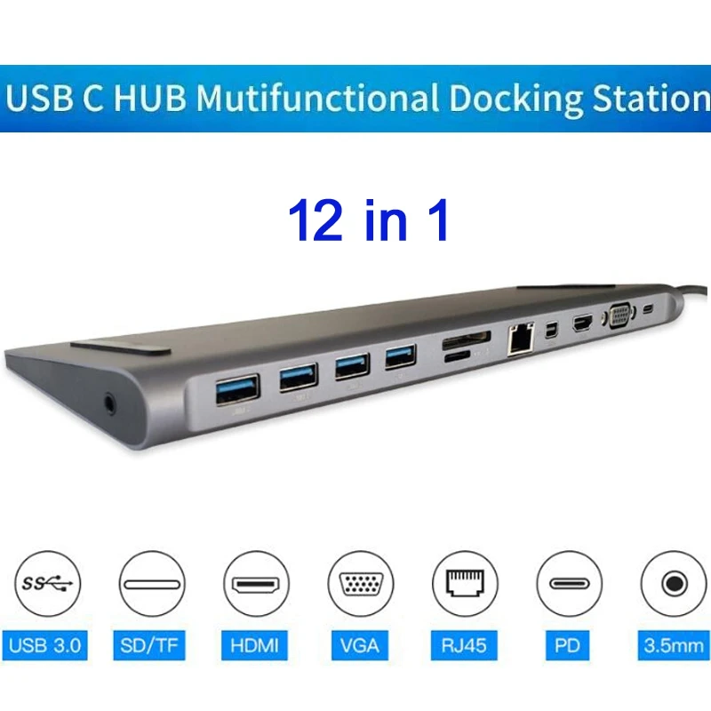 

12 In 1 USB C HUB Type C HUB to Multi USB 3.0 HDMI RJ45 VGA 3.5mm Jack SD/F Card Reader PD Charging For MacBook Pro Samsung S8