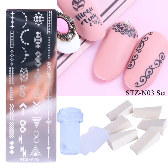 STZ-N03 Set 1 Набор для штамповки ногтей, штамповка, скребок, лист, роза, снежинки, дизайн ногтей, штамп, шаблоны, губка, Рождественский маникюр, TRSTZN01-12-2 - Цвет: STZ-N03 Set