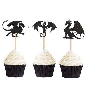 

12pcs Black Glitter Dragon Cupcake Toppers Dinosaur Theme Gender Reveal Baby Shower Wedding Birthday Party Decors Free Shipping