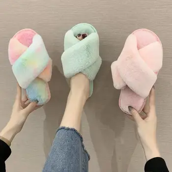 

Colorful Women Home Slippers Rainbow Plush Faux Fur Slippers Winter Warm Shoes Slip On Flats Slides Female Plus Size