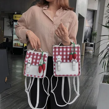 

2019 Korean Stitching Contrast Plaid Backpack Ladies Strawberry Shoulder Bag Women Fashion PU Messenger Backpack Double Use New