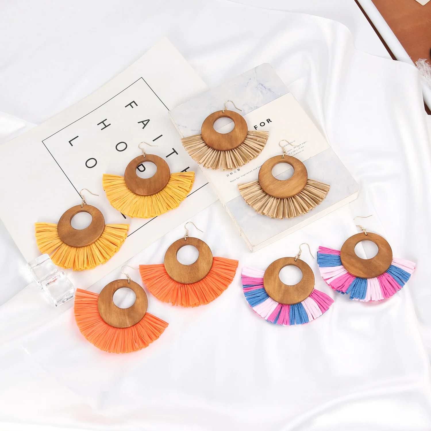 

Straw Raffia Rainbow Tassel Geometric Wooden Drop Earrings for Women Bihemian Big Multicolor Statement Handwoven Jewelry Gifts