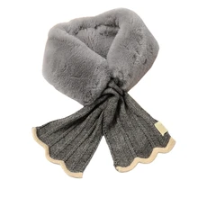  XXFD Women Winter Faux Fur Plush Loophole for Cross Bib Scarf Stitching Knitted Bowknot Shawl Wrap Windproof Neck Warmer Sweet 