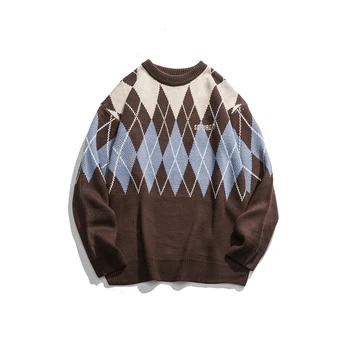 

Japanese Harajuku Knitted Embroidery Jacquard Argyle Sweater for Men and Women Unisex Urban Streetwear Saturday Pullover Jumper