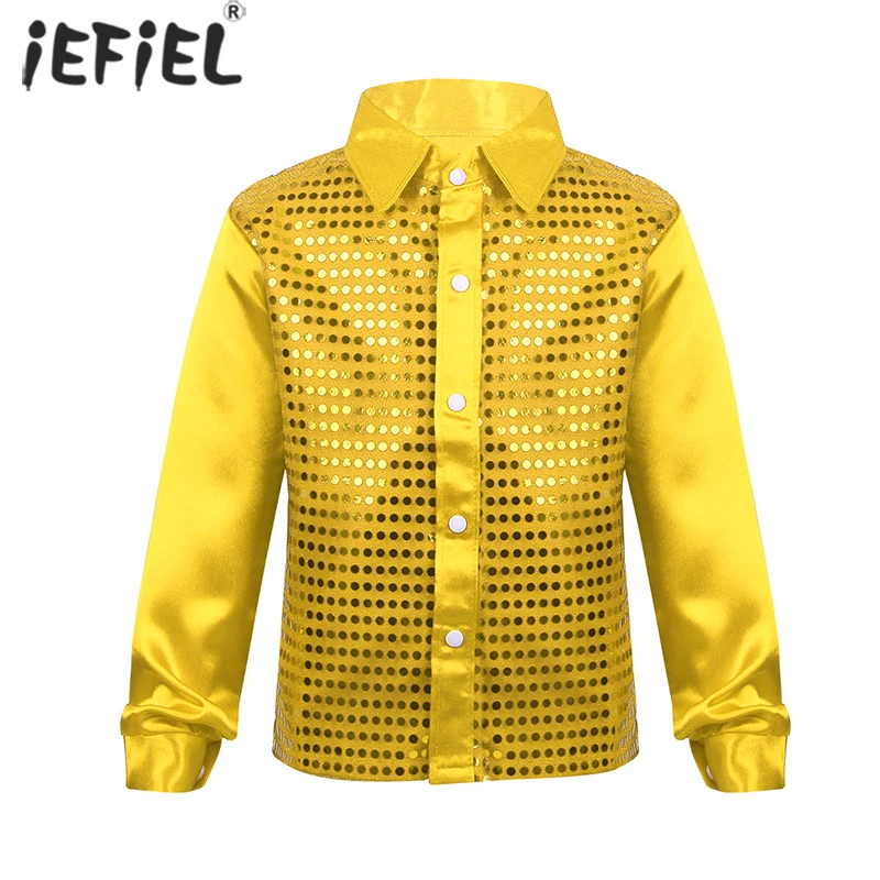 Boys Long Sleeve Shirts Boys Short Sleeve Shirts Children Kids Boys Glittery Sequined Dance Clothes Teens Fashion Dance Shirt Hip Hop Jazz Ballroom Shiny Jacket Coat for Prom