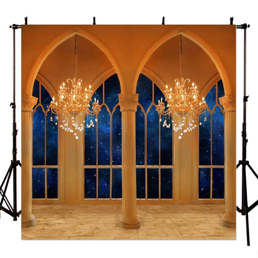 

Photography Backdrop Cartoon Beauty Beast Ballroom Cloumns Window Chandelier Night Birthday Party Photo Background Photo Studio