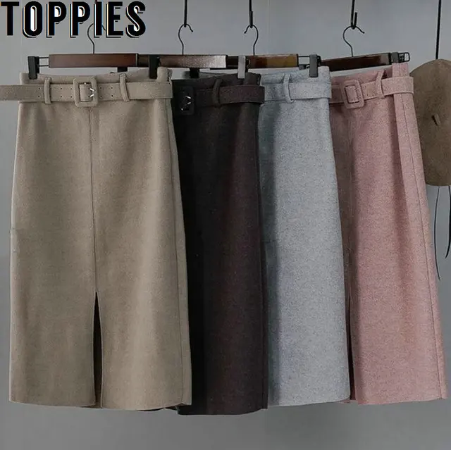 US $18.62 winter Pink Woolen Skirts High Waist Lady Office Midi Skirts Front Split Elegant faldas 2019 Street