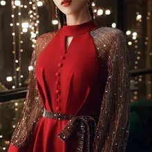 S-2XL-vestidos de cóctel para mujer, ropa Sexy de manga larga con botones, Estilo Vintage, color negro y rojo, talla grande, para verano, 7345