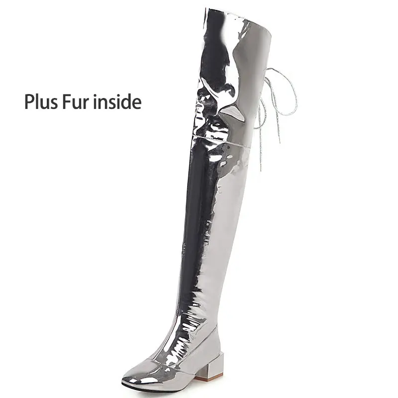 plus fur silver Sgesvier/ г.; большие размеры 48; женские облегающие высокие сапоги осенне-зимние сапоги на молнии со шнуровкой; пикантные вечерние туфли на квадратном каблуке для выпускного вечера; женская обувь; G801 - Цвет: plus fur silver