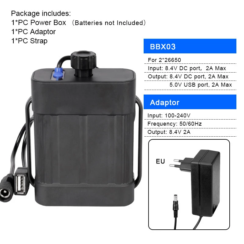 2X26650 N EU Adaptor Deemount двойной Напряжение Выход 8,4 V 5 V, велосипедная фара, высокомощный Мощность коробка для 2/4/6 18650/26650 батареи W/ремень Дополнительный 100-240V для адаптера переменного тока - Цвет: 2X26650 N EU Adaptor