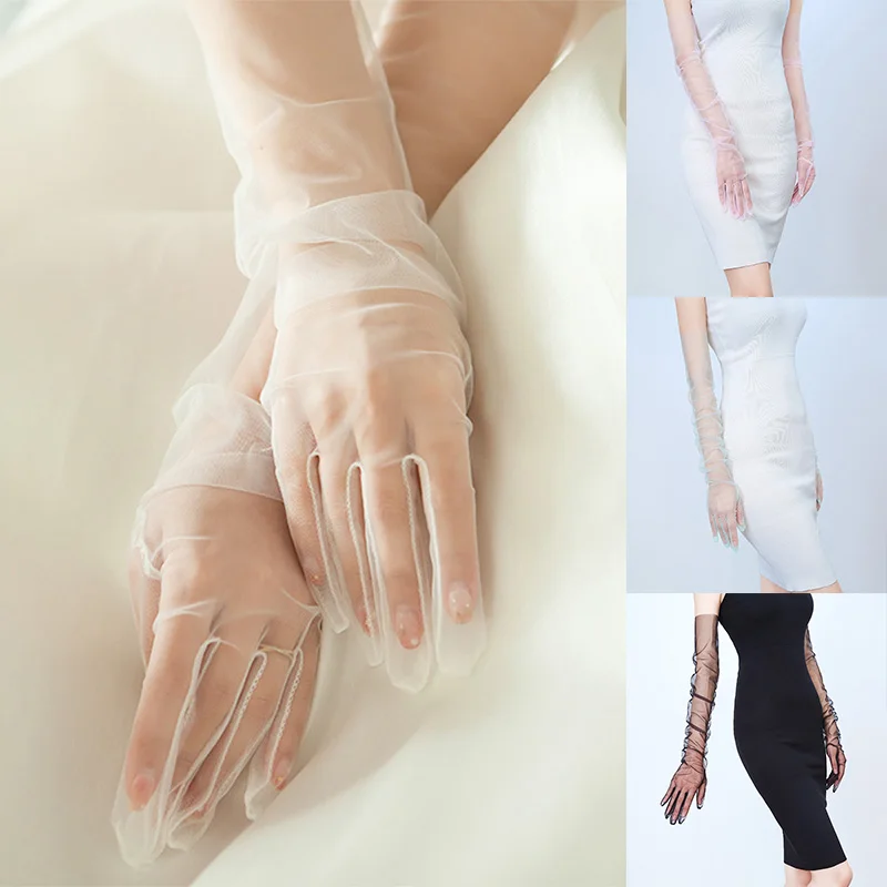 Women Wedding Bridal Long Gloves Evening Party Transparent Tulle Opera Prom 70cm 