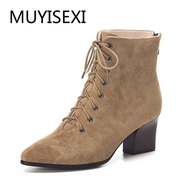 

6cm Thick Heels Ankle Boots Pointed Toe Suede Genuine Leather Women Shoes Casual Motorcycles Boots Khaki Coffee ANJ08 MUYISEXI