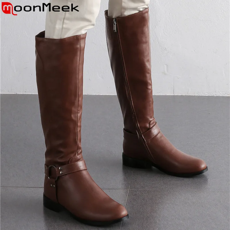 

MoonMeek 2020 new knee high boots women round toe zip low heels ladies boots comfortable autumn winterRiding boots big size