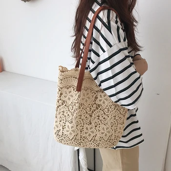 

Fashion Lady Literary Lace Hollow Versatile Handbag Edition Mori Beautiful Shoulder Bag Big Capacity Foldable Travel Beach Bag