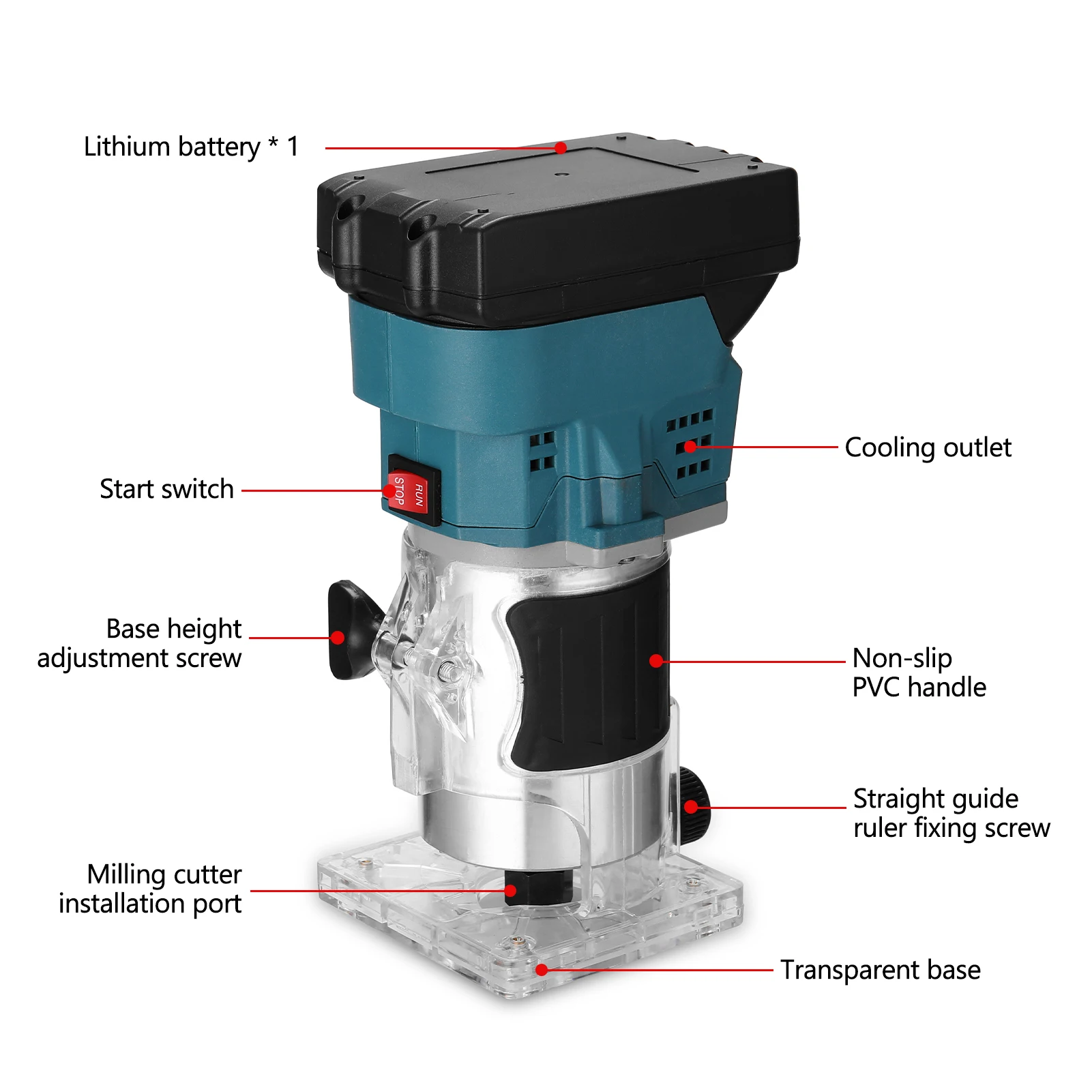 美しい 電動トリマー 充電式 電動ルーター 木工用 透明ベースト