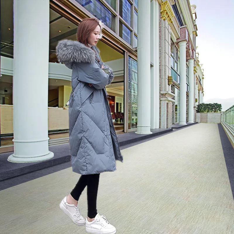 Dongdaemun Ultra Large Fur Collar Mid-length down Jacket Women's New Style White Duck down Fashion over-the-Knee Thick Coat