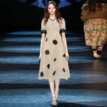 

Gedivoen Fashion Designer Summer Dress Women V Neck Mesh Appliques High Waist A Line Dress Sweet Midi Dresses Vestidos