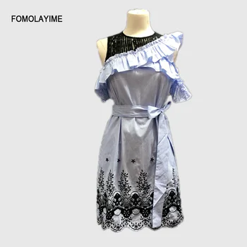

2020 Women Spring Dresses Patchwork Asymmetrical Stripes Sleeveless Flecks Embroidered Sexy Dress