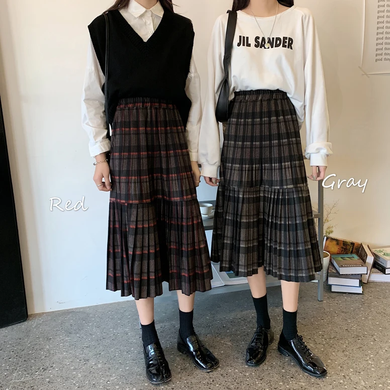 Женская Клетчатая Шерстяная Юбка в стиле ретро Harajuku, свободная плиссированная юбка с высокой талией, женская простая облегающая трапециевидная юбка для женщин