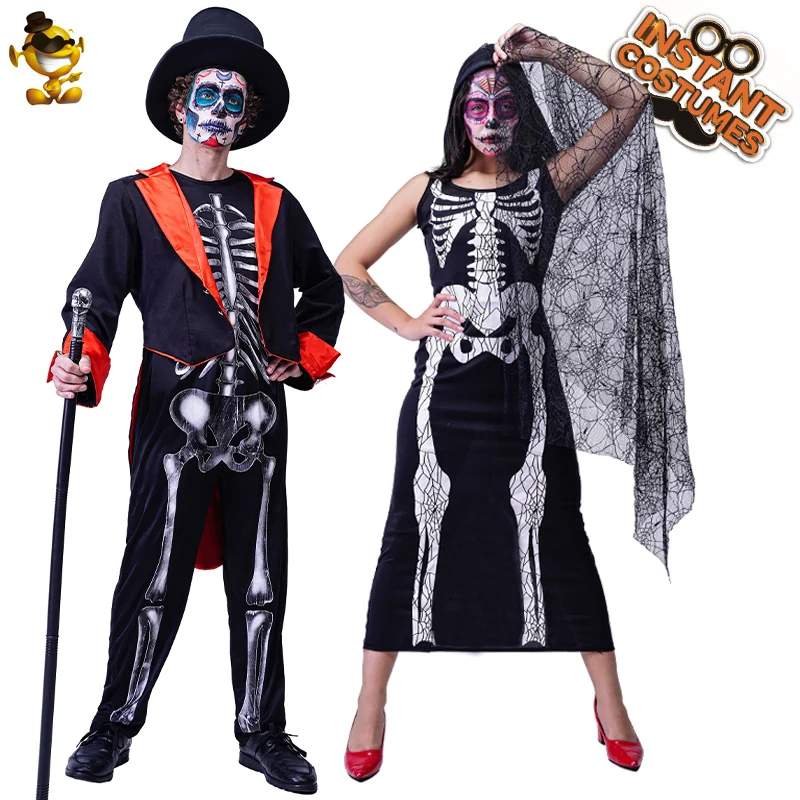 

QLQ Halloween Costume for Women Scary Skeleton Dress Role Playing Men's Skull Bride Groom Jumpsuit Cosplay Purim Costumes