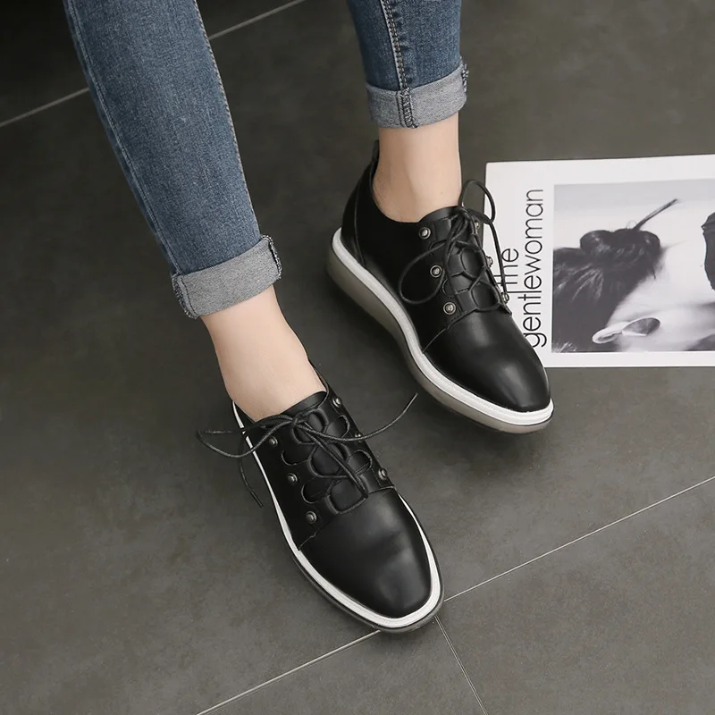 

Retro British Style Lace-up Small Leather Shoes Women's 2019 Spring Deep-mouth Thin Shoes Semi-high Heeled round-Toe Platform Sh