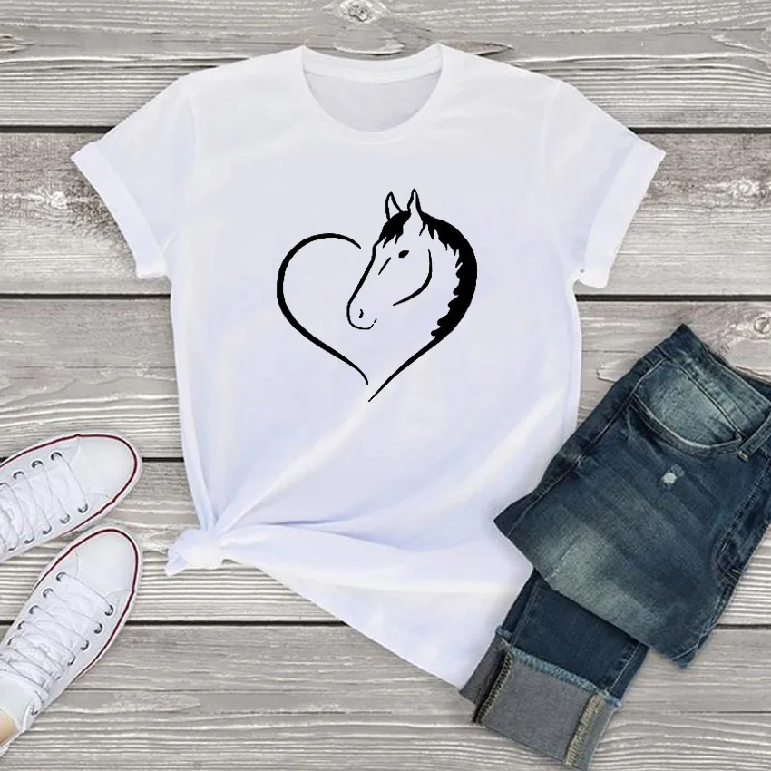 Lus-Camiseta con estampado de dibujos de caballos para mujer, camiseta divertida informal para mujer, camiseta kawaii de talla grande