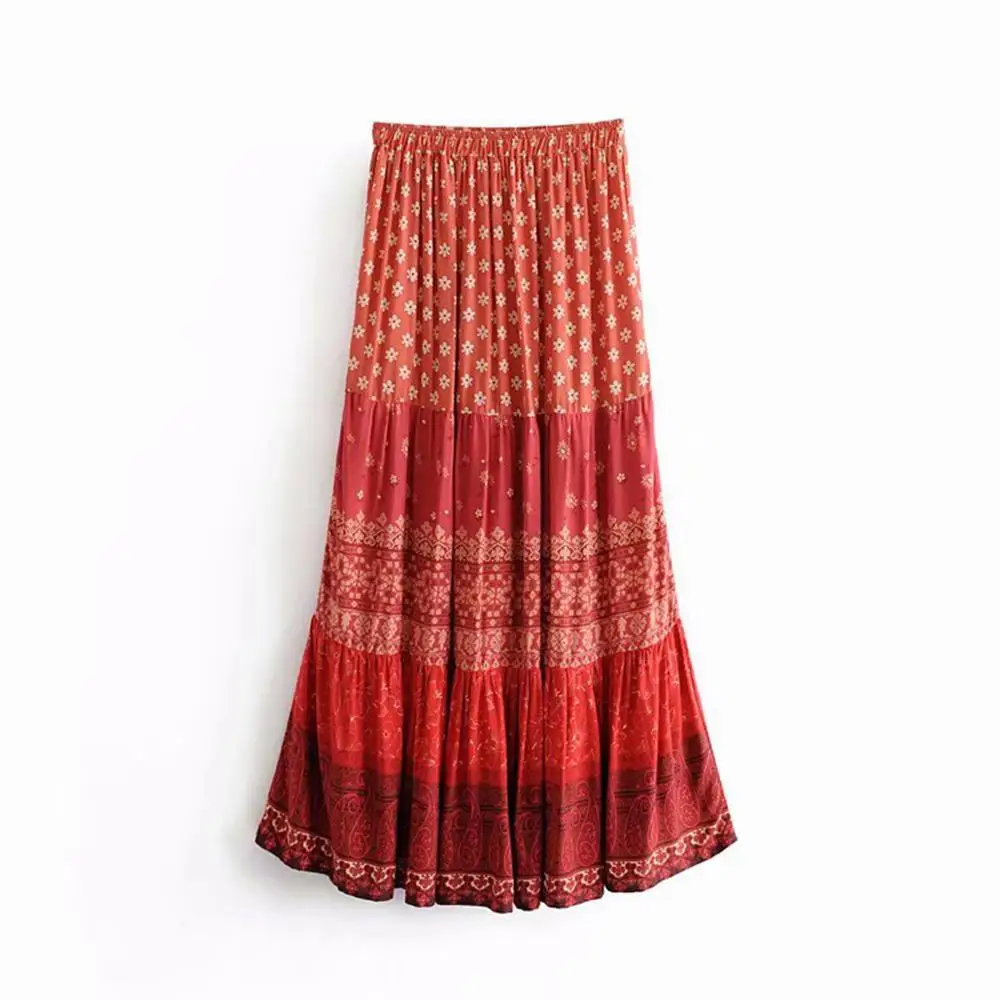 Хиппи ретро богемная красная юбка с цветочным принтом эластичная плиссированная Высокая талия пляжная юбка макси осень Женские повседневные винтажные юбки