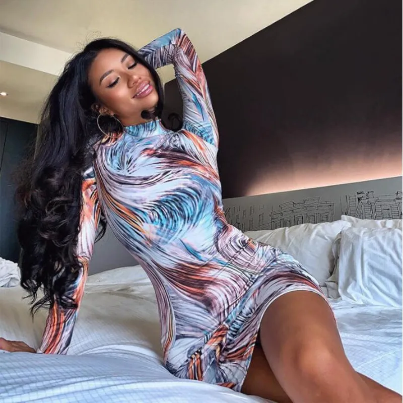 2020 Long Sleeve Print Colorful Sexy Mini Dress  Spring Women  Fashion Streetwear Outfits Bodycon Stretchy Club Casual Clothes