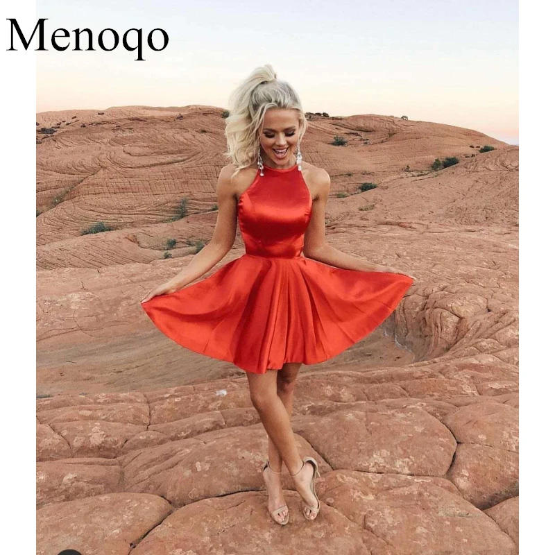 

A-Line Short Satin Red Sleeveless Cocktail Dress with Pockets Halter Neck Mini Graduation Dresses for Prom Party Dresses P30AU8