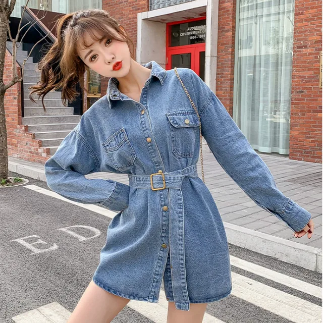 Women Denim Shirt Spring Autumn Fashion Single-breasted Band Waist Mid Length Blouse Ladies Jacket Korean Long Sleeve Tops Femme