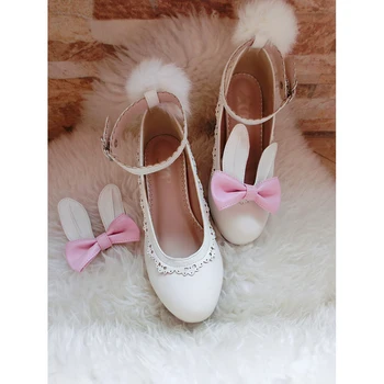 

Japanese Style Rabbit Ear High Heeled Shoes Women's Cute Bowknot Lolita Shoes Adult Girls Sweet Plush Ball Round Toe Shoes New