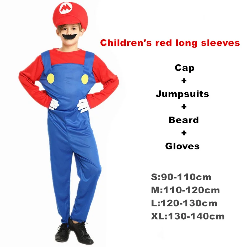 Взрослый Хэллоуин Супер Марио Детский костюм косплей семья Funy Luigi Bros сантехник Пурим костюм нарядное платье Рождественские Вечерние - Цвет: Kids red long